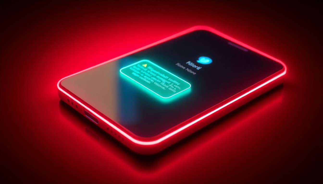 A highly detailed, glowing 3D illustration of a smartphone with a neon-lit push notification interface, conceptually representing the vulnerability of encrypted communications to push notification data leaks.