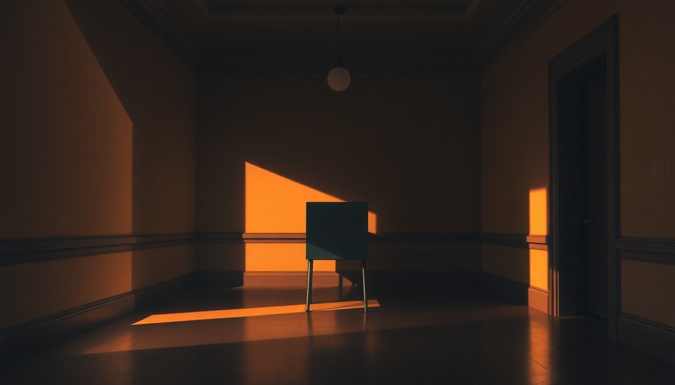 A dimly lit, cinematic painting of a lone ballot box or voting booth in a government building hallway, with warm diagonal sunlight and deep shadows, conceptually representing the high-stakes local elections in North Dakota's capital region.