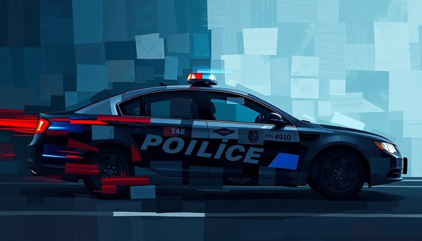 A highly stylized, fragmented painting featuring overlapping geometric shapes and brushstrokes in shades of blue, grey, and red, conveying a sense of motion and unrest without any specific identifiable elements.