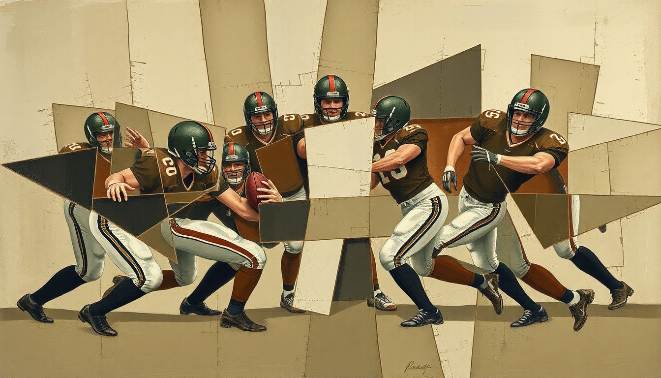 A cubist, geometric painting depicting the overlapping planes and fractured perspectives of a defensive secondary, conveying a sense of uncertainty and transition.