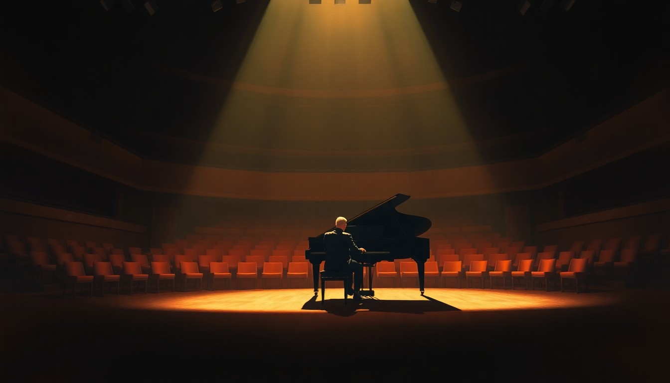 A serene, cinematic painting depicting a lone musician sitting at a grand piano in a dimly lit, empty concert hall, with warm, diagonal sunlight and deep shadows creating a contemplative, nostalgic mood.