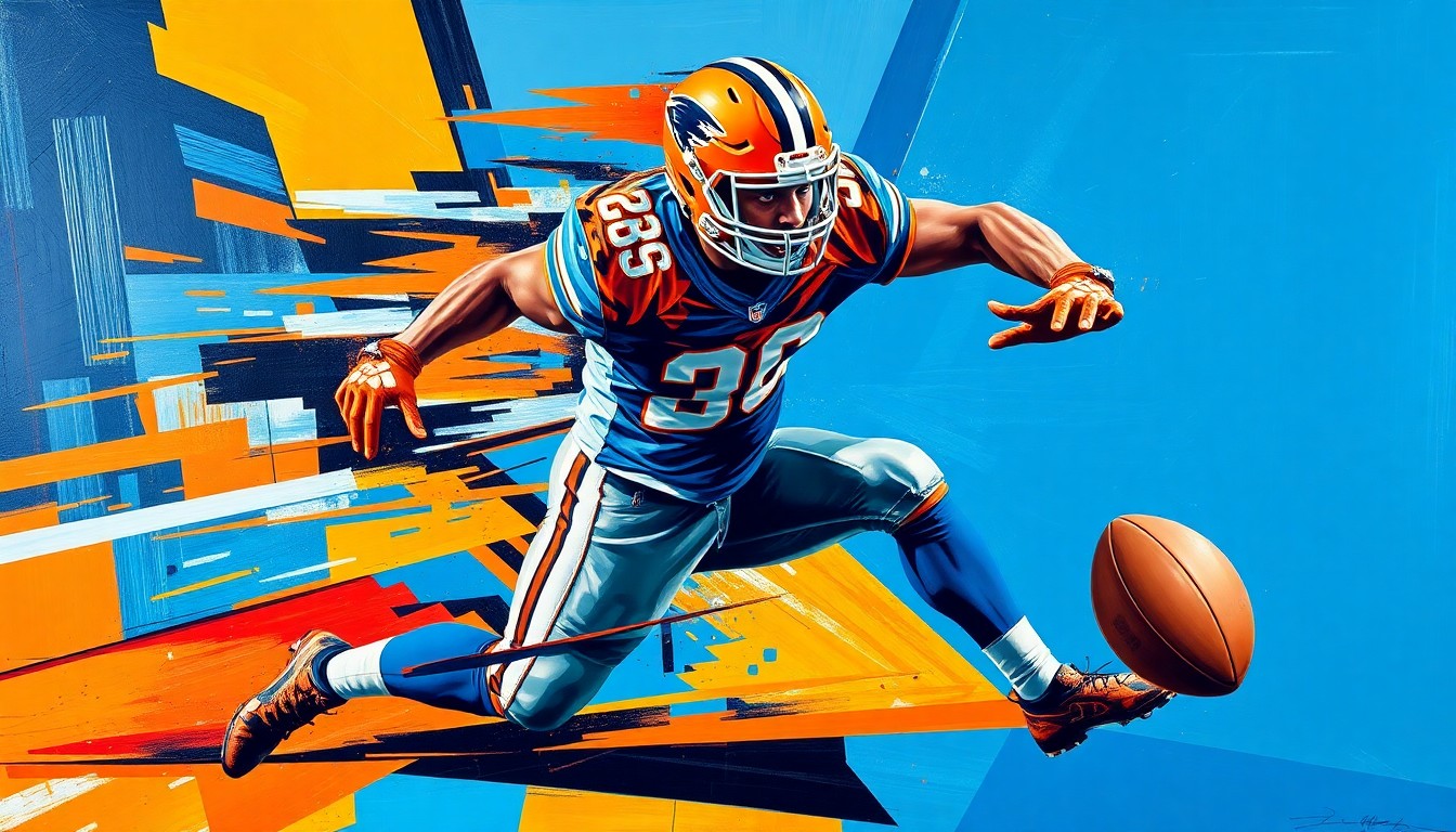 A fractured, cubist-style painting depicting the explosive movements and speed of a tight end, with sharp, overlapping geometric shapes in vibrant colors like electric blue, neon orange, and metallic silver, conceptually representing the dynamic playmaking ability the Rams are seeking to add to their offense.