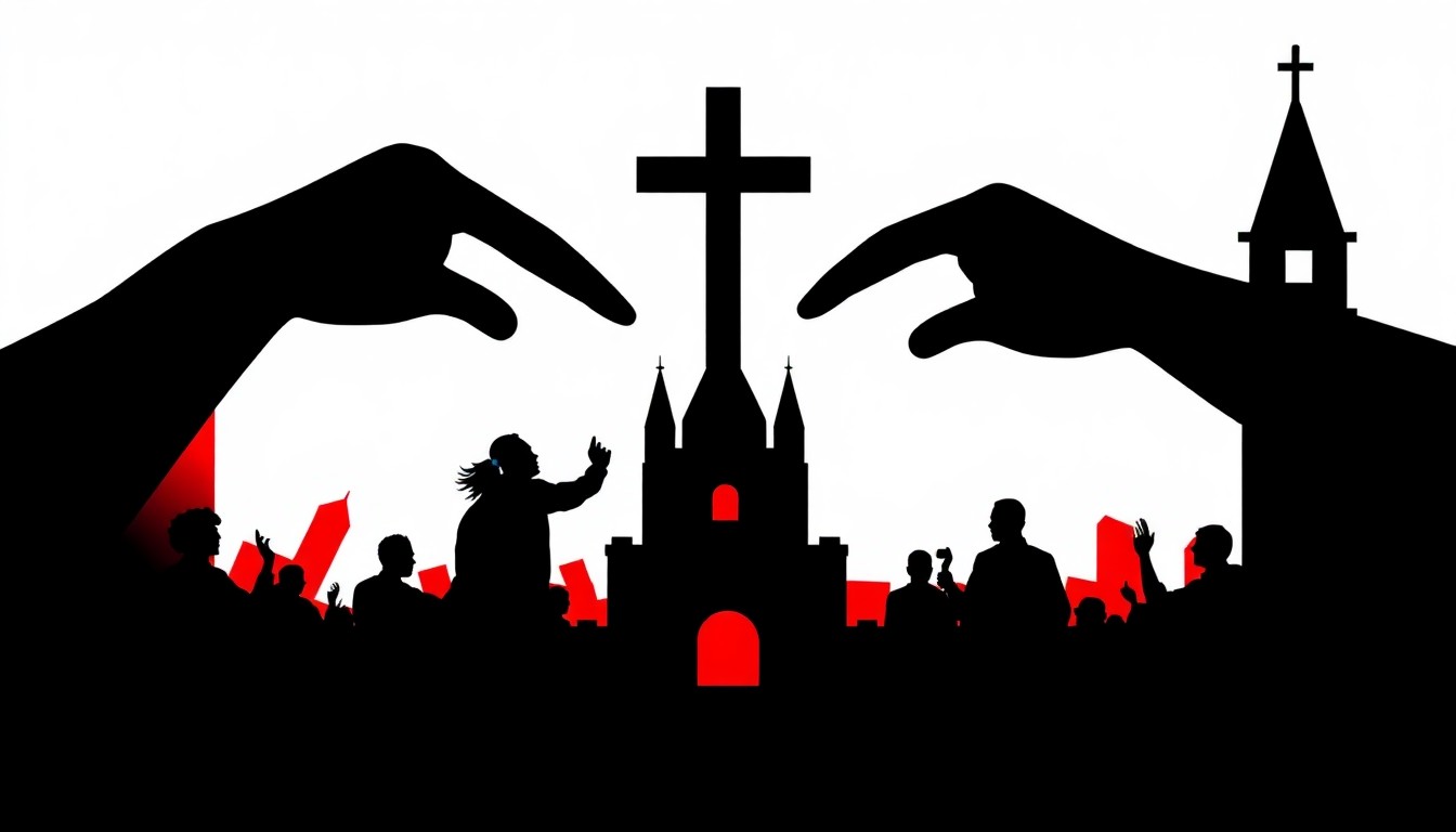 An abstract, minimalist illustration featuring bold, jagged shapes and silhouettes in high-contrast colors, conceptually representing the tension between religious backlash and artistic expression.