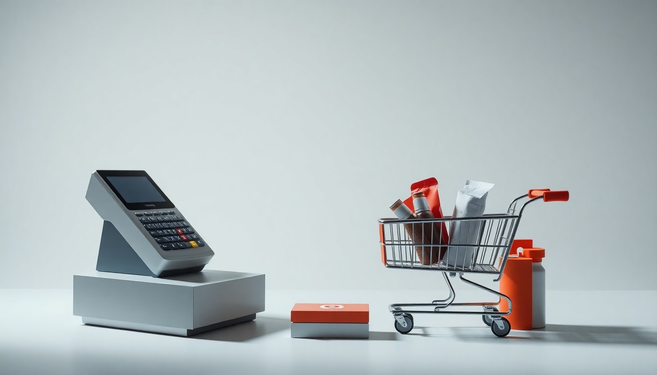 A high-end, photorealistic studio still-life photograph featuring a clean, monochromatic background with a carefully arranged composition of premium, geometric objects representing the key elements of Target's retail strategy, including a sleek, modern cash register, a stylized shopping cart, and a selection of trend-forward consumer products. The lighting is sharp and dramatic, with deep shadows to convey a sense of corporate strategy, finance, and market positioning.