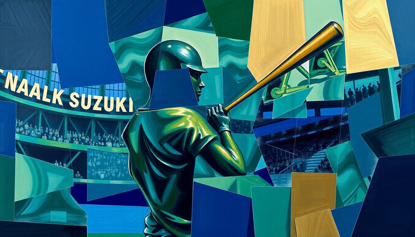 A fractured, geometric painting depicting the moment the bat in Ichiro Suzuki's statue snapped during the unveiling ceremony, with sharp planes of navy, green, and bronze capturing the dramatic scene.