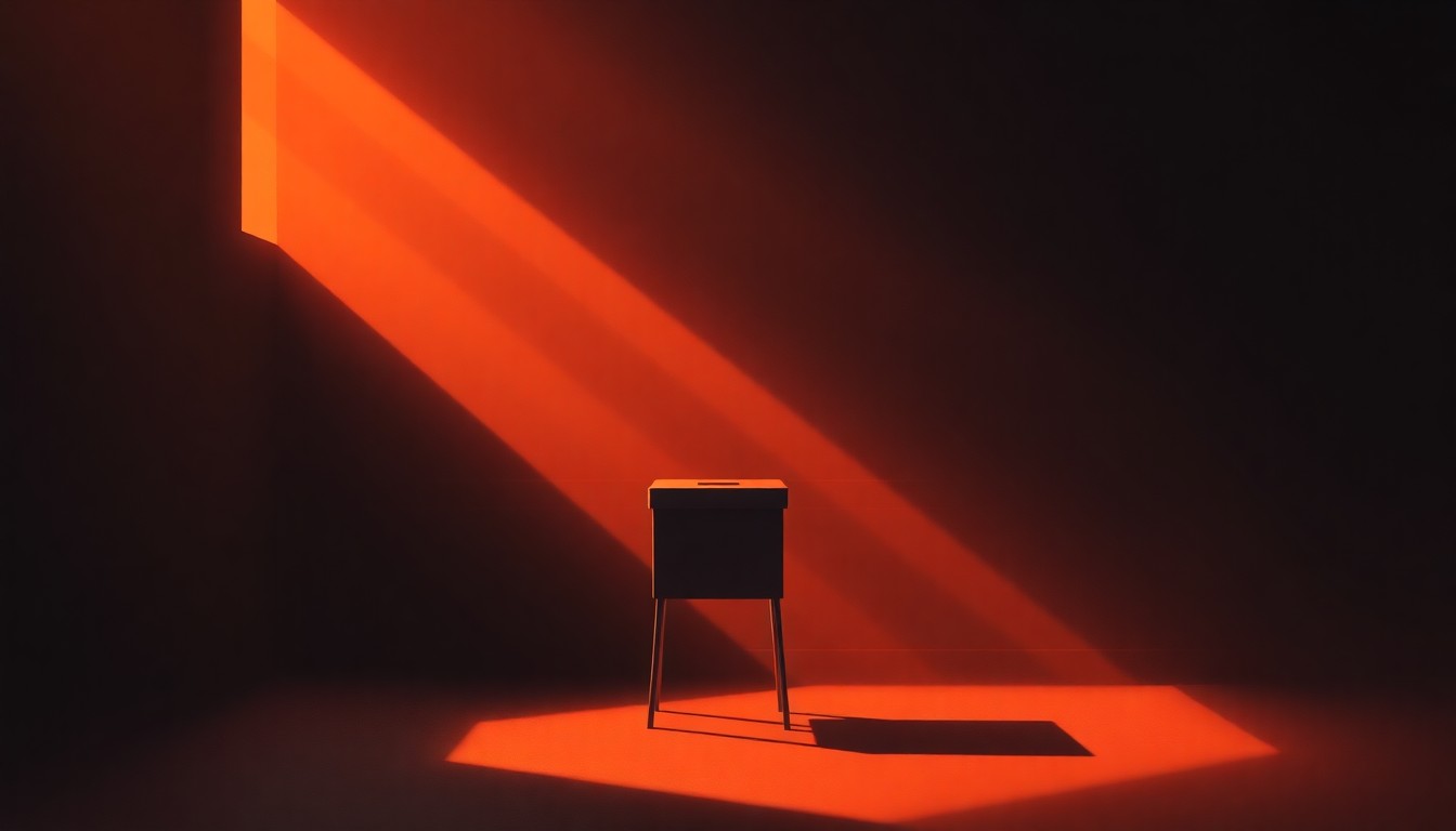 A serene, cinematic painting of a solitary voting booth or ballot box, its form and shadows bathed in warm, golden light, conveying a sense of quiet contemplation and the quiet importance of local political engagement.