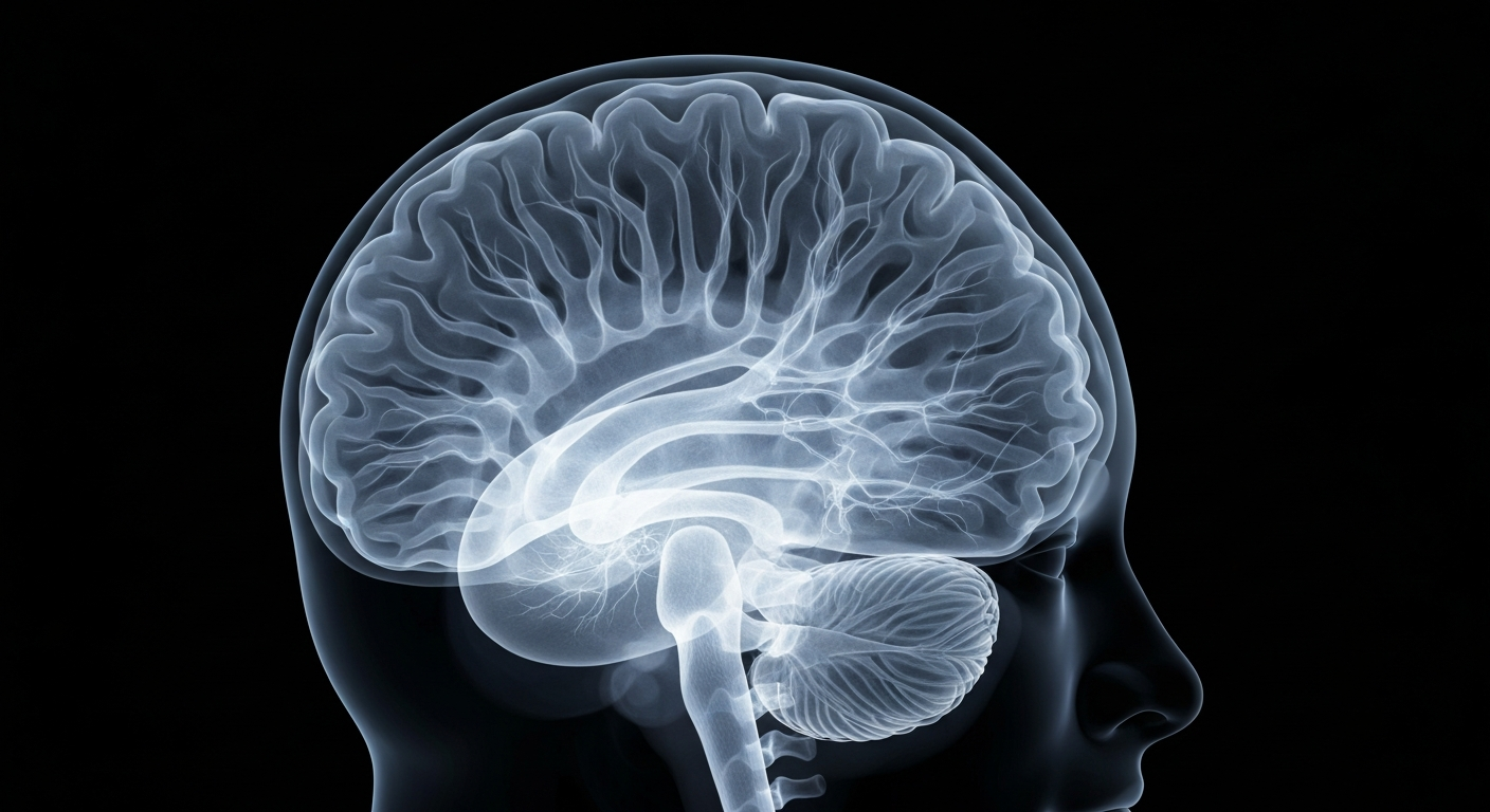 A ghostly, translucent X-ray photograph revealing the intricate neural pathways of a human brain, symbolizing the complexity of mental health and the need for comprehensive support services.