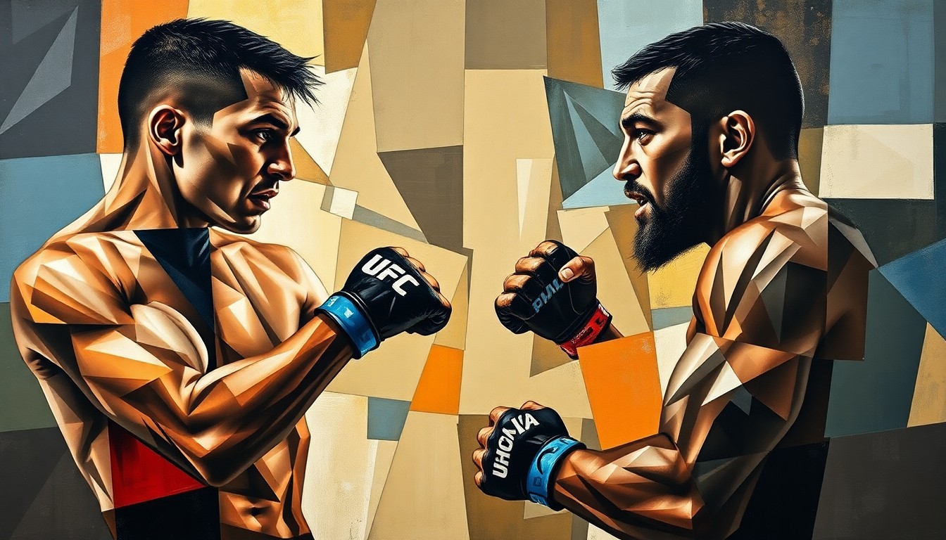 A fractured, geometric painting depicting the action and movement of a UFC middleweight title fight, with the fighters' forms broken down into sharp, overlapping planes of color and shape.