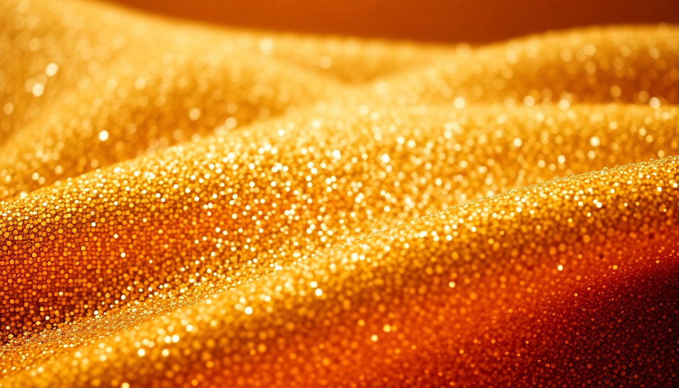 An abstract close-up photograph of a luxurious, shimmering fabric texture in warm, metallic tones, conveying a sense of high-end glamour and celebrity culture.