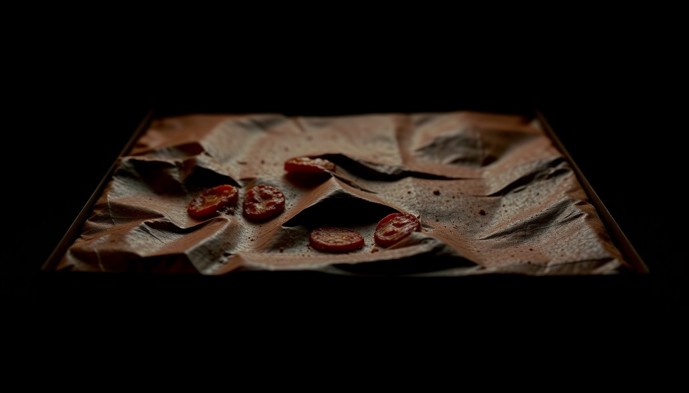 An extreme close-up of a crumpled pizza box lid, its surface reflecting dramatic shadows and highlights to create a gritty, high-fashion aesthetic that conceptually represents the irreverent tone and social commentary of the film 'Pizza Movie'.