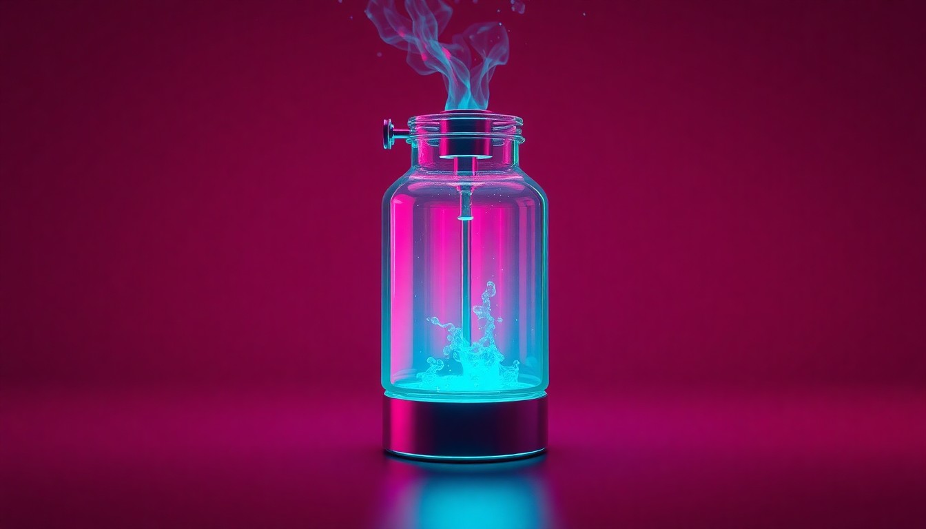 A highly detailed, glowing 3D illustration of a Molotov cocktail device, its glass container illuminated by neon cyan and magenta lights, representing the volatile intersection of public fear and technological progress.