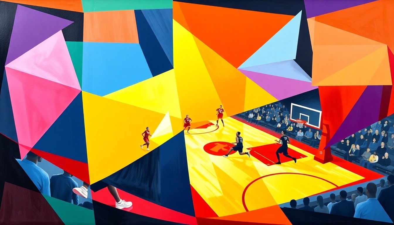 A cubist, geometric painting depicting a WNBA basketball game, with the court and players broken down into sharp, overlapping planes of color in the style of Pablo Picasso. The painting captures the dynamic energy and movement of the sport.
