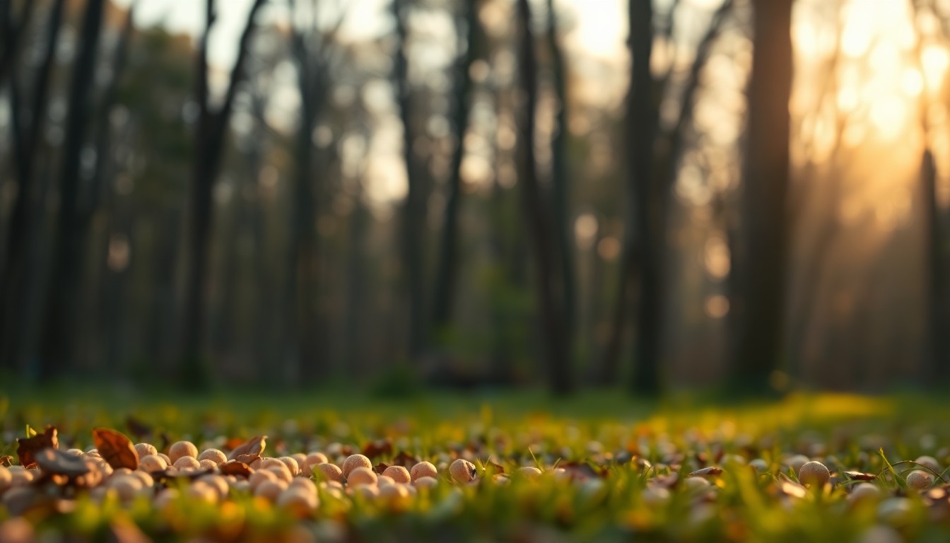 An extremely abstracted, out-of-focus photograph of a wooded area with a few scattered animal bait pellets in the foreground, composed entirely of soft pools of warm color and light, conceptually representing the need for caution during the rabies vaccine bait drop.