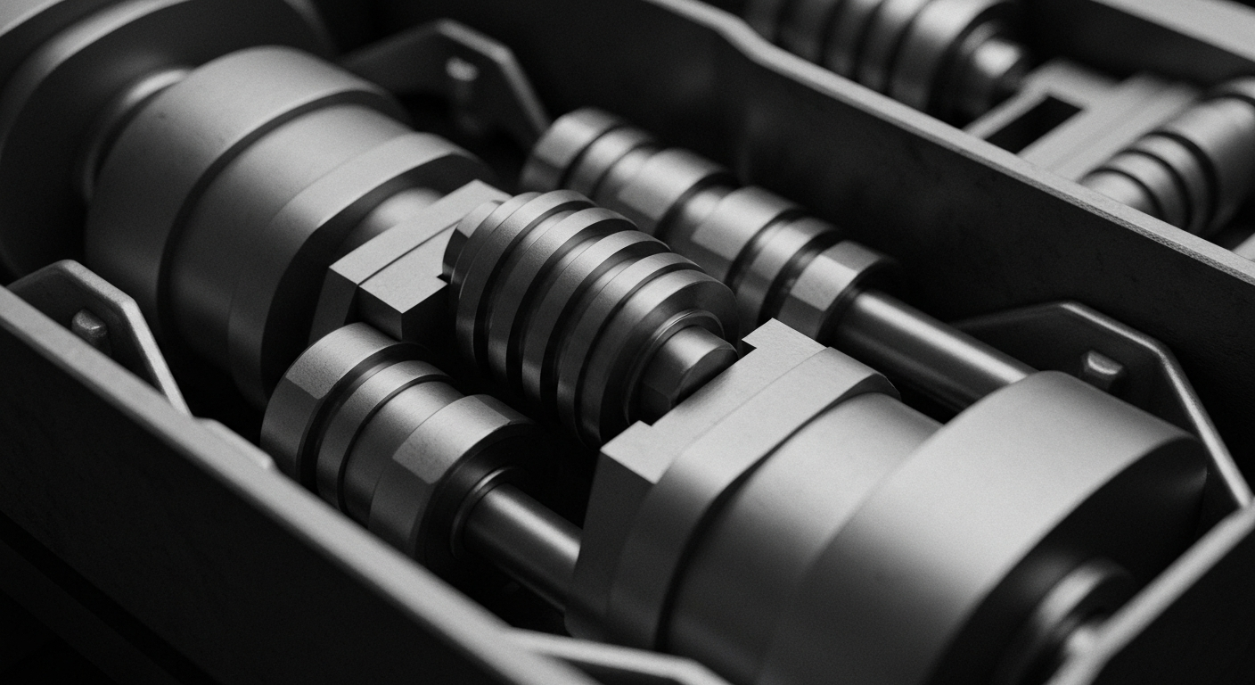 An extreme close-up of the intricate, heavy-duty machinery and components used in the manufacturing of Crocs shoes, captured in a high-contrast, documentary-style visual that emphasizes the brand's focus on quality craftsmanship.