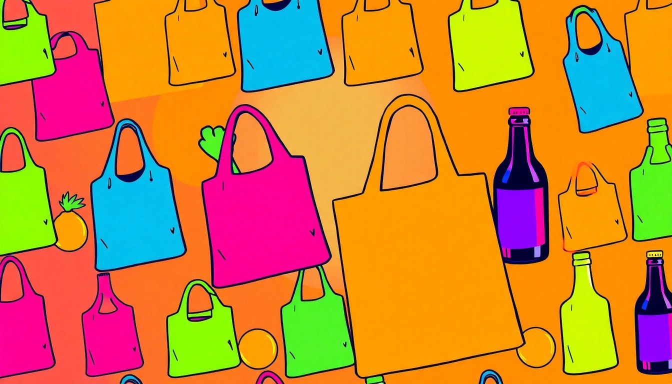 A brightly colored, high-contrast silkscreen print of a reusable grocery bag, repeated in a tight grid pattern in the style of Andy Warhol, conceptually representing the iconic lifestyle and community-driven values of the Rainbow Grocery Cooperative.