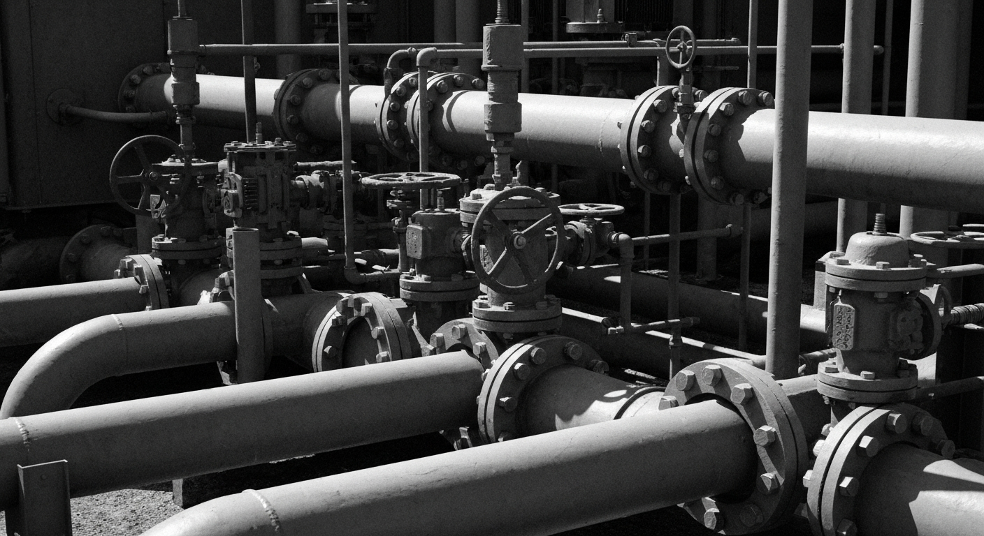 A high-contrast, close-up image of industrial water pipes, valves, and machinery, conveying the complex, heavy-duty nature of the company's operations.