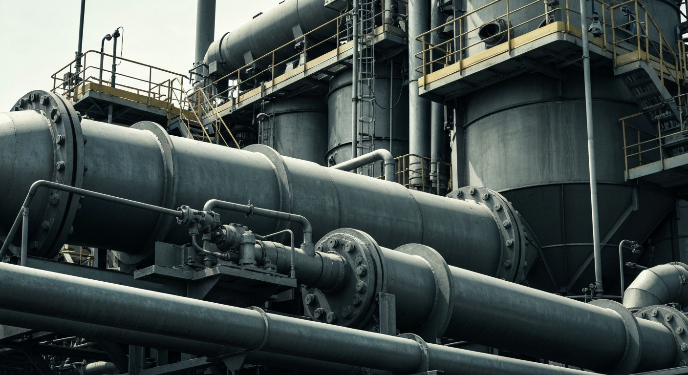 A highly detailed, close-up view of the heavy, industrial machinery and equipment used in the production of fertilizers and agricultural chemicals, conveying the physical, tangible nature of CF Industries' business operations.