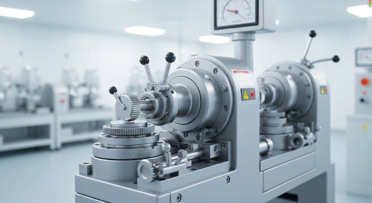 A highly detailed, black-and-white close-up image of complex pharmaceutical manufacturing equipment, conveying the industrial power and technical precision required to produce cutting-edge medicines.