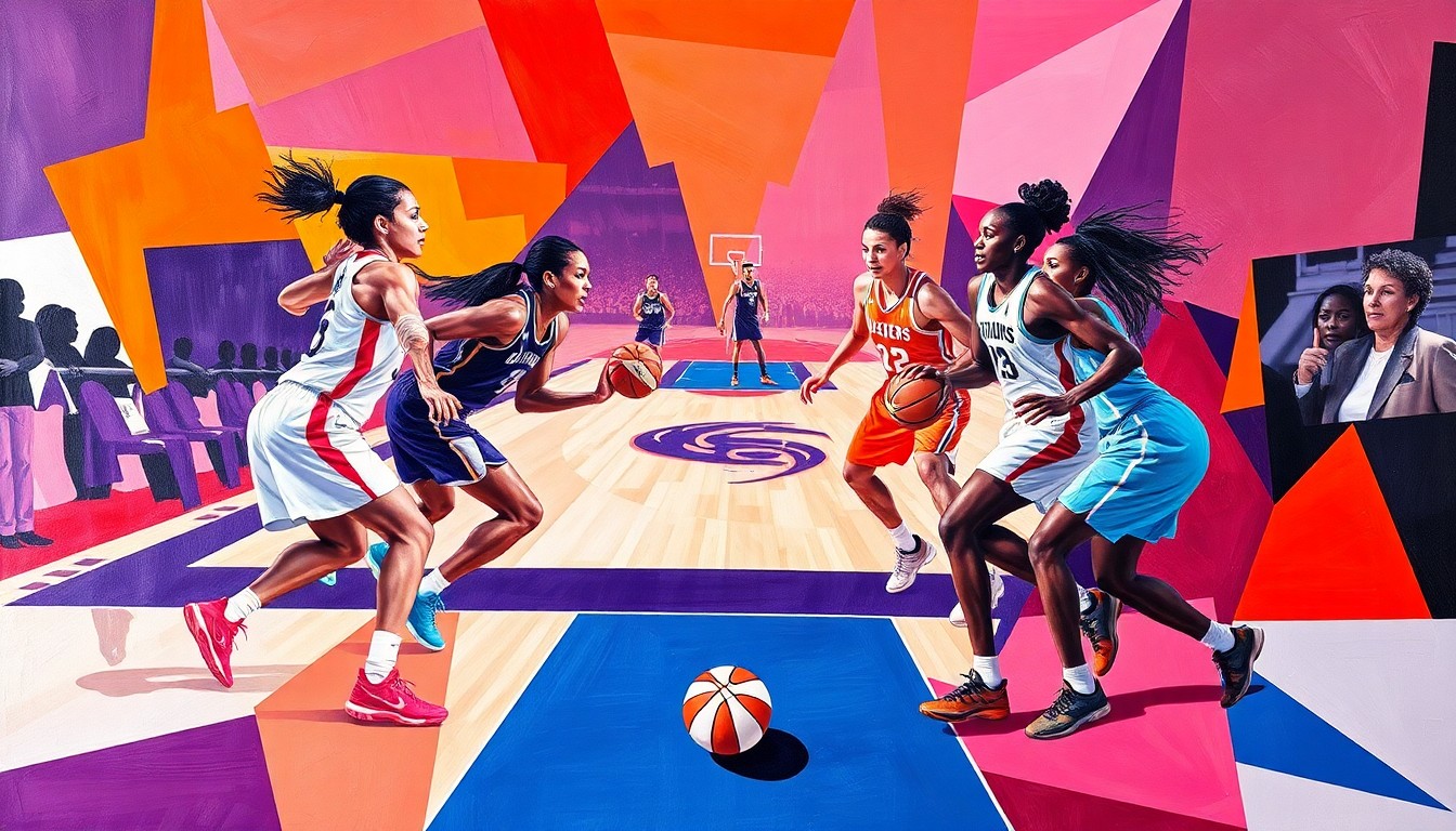 A fragmented, multi-perspective painting in a cubist style, with the players' bodies and the basketball court broken down into sharp, overlapping geometric shapes in shades of purple, orange, red, and blue, conveying the dynamic energy of a WNBA game.