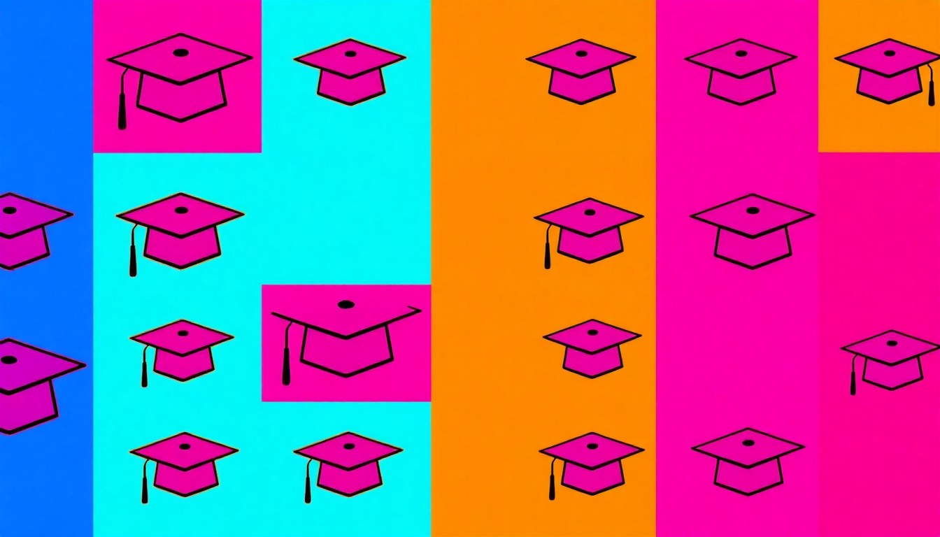 A brightly colored, high-contrast silkscreen print of a single, iconic graduation cap icon repeated in a tight grid pattern, conceptually representing the academic promise and potential of the young victims.