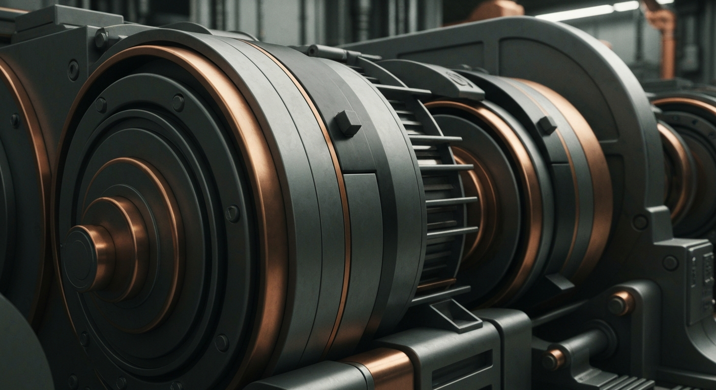 A cinematic close-up of heavy, industrial banking equipment and machinery in muted tones of steel gray, copper, and black, conveying a sense of the tangible power and security of the financial system.