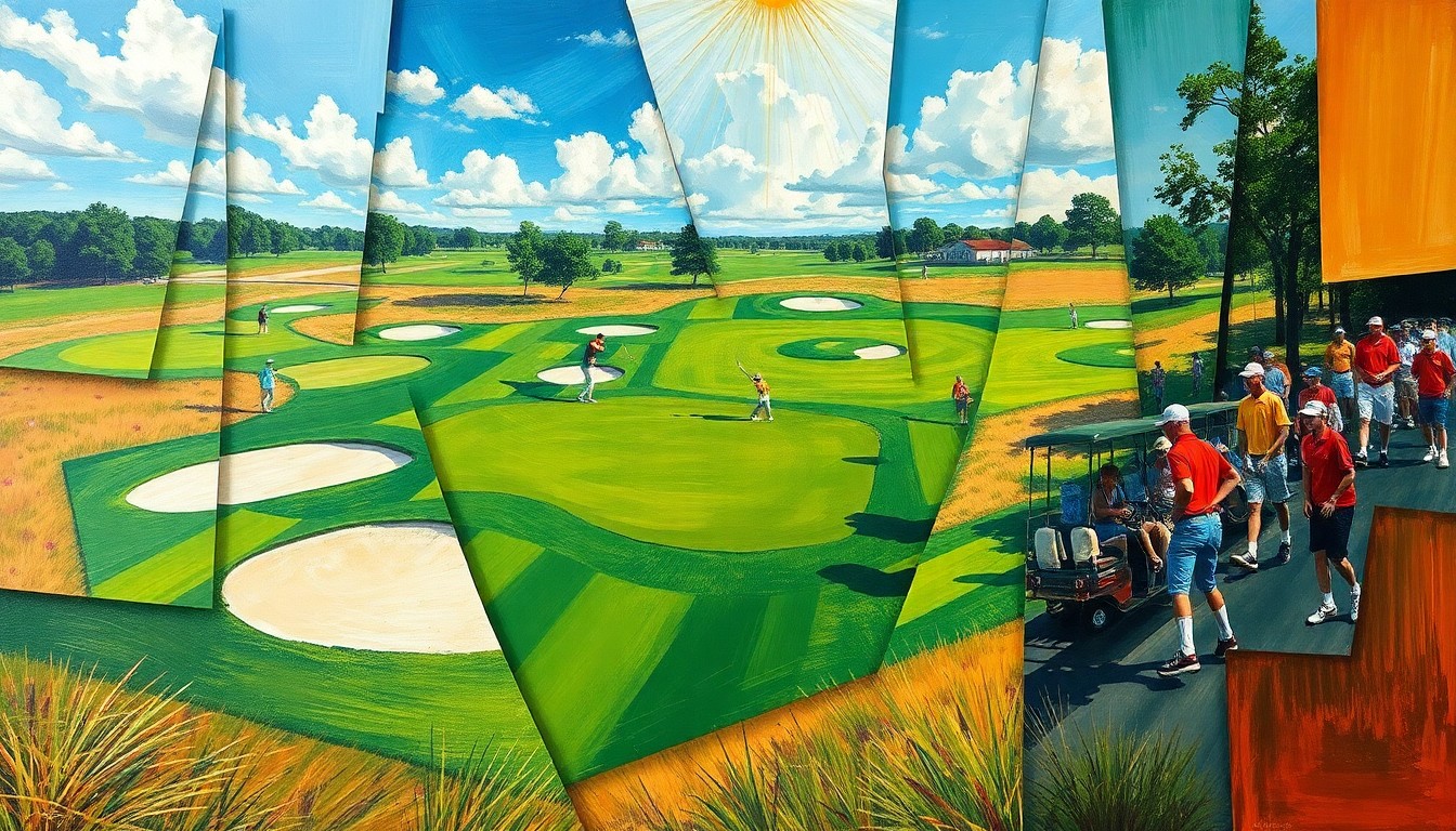 A fragmented, geometric painting depicting the various elements of a high school golf tournament, including fairways, sand traps, and golfers in motion, all rendered in a cubist style.