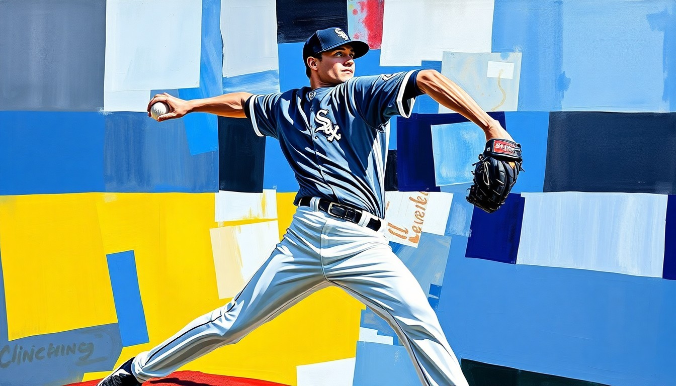 A fragmented, geometric painting depicting the motion and delivery of a baseball pitcher, with sharp planes of color representing the Chicago White Sox's uniform.