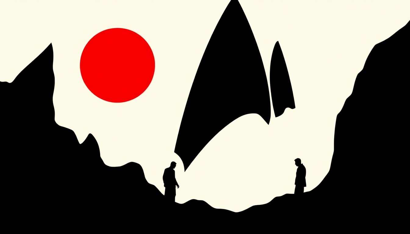 An abstract, minimalist illustration in the style of Saul Bass, featuring sharp, jagged geometric shapes in bold red and white colors, conceptually representing the decline of the Star Trek Kelvin Timeline.