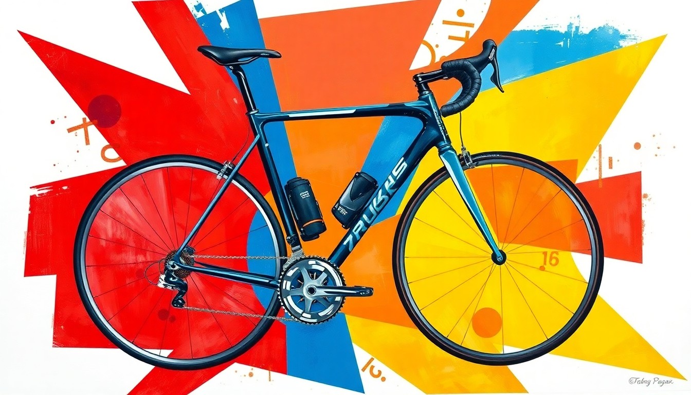 A cubist, geometric painting depicting Tadej Pogačar's Paris-Roubaix bike broken down into overlapping planes of vibrant red, blue, and yellow, capturing the technical complexity and visual appeal of the custom setup.