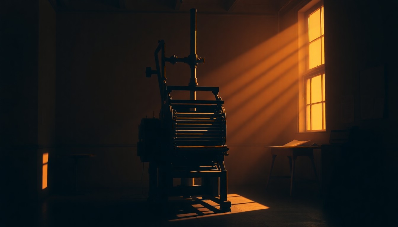 An old-fashioned printing press standing alone in a dimly lit, empty newsroom, with warm, diagonal sunlight and deep shadows creating a nostalgic, cinematic atmosphere, conceptually representing the challenges facing traditional journalism in the digital era.