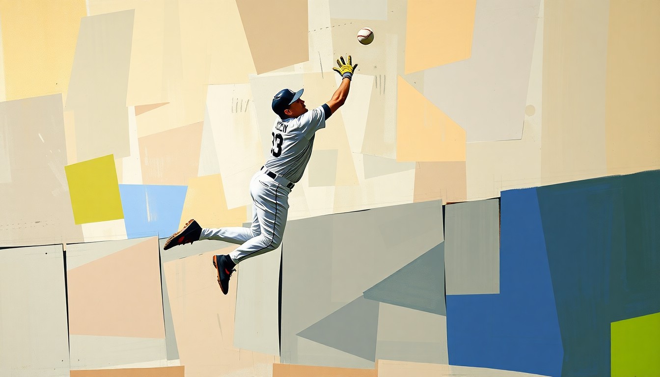 A fractured, multi-perspective painting depicting a baseball player leaping over an outfield wall, the action broken down into sharp, overlapping geometric planes in a cubist style, conveying the extraordinary athleticism and defensive prowess of the moment.