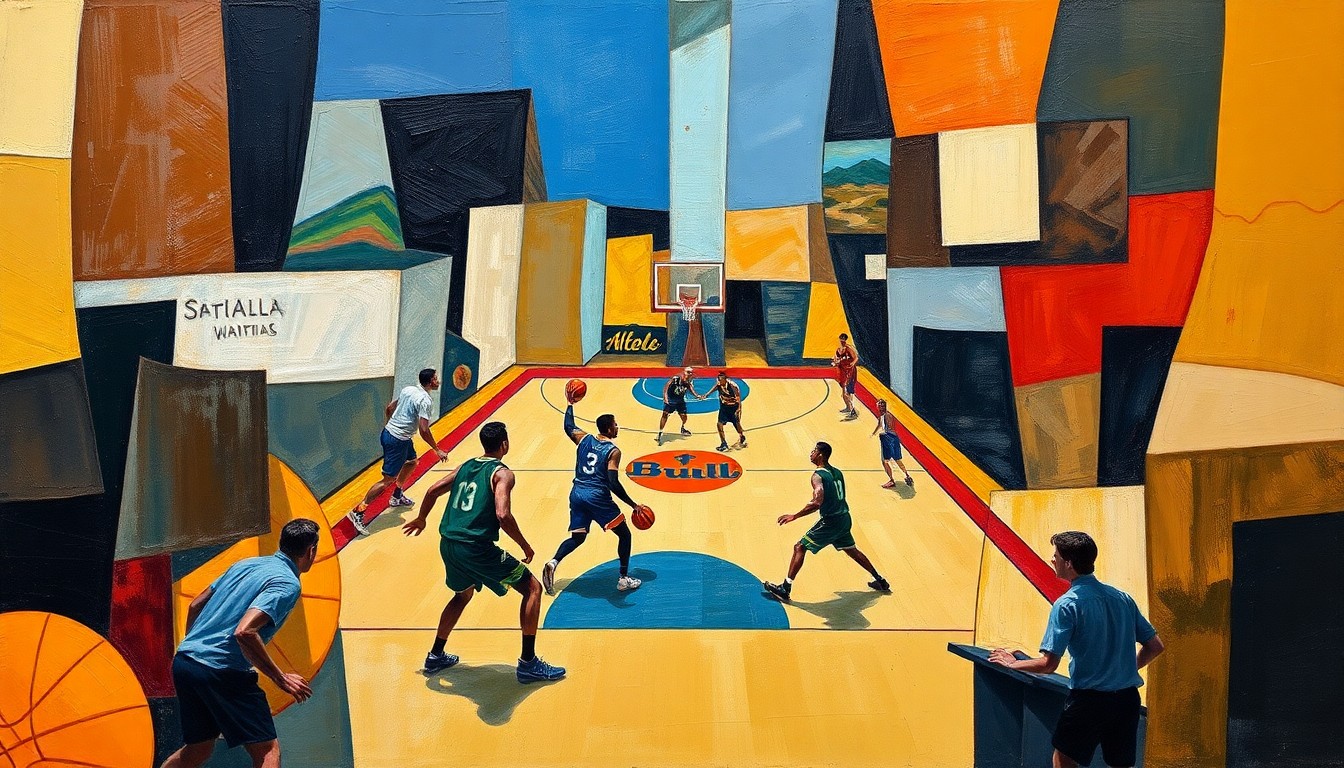A fragmented, geometric painting depicting a basketball game or match, with the players and court broken down into sharp, overlapping planes of color and shape, capturing the dynamic energy of the sport in a cubist style.