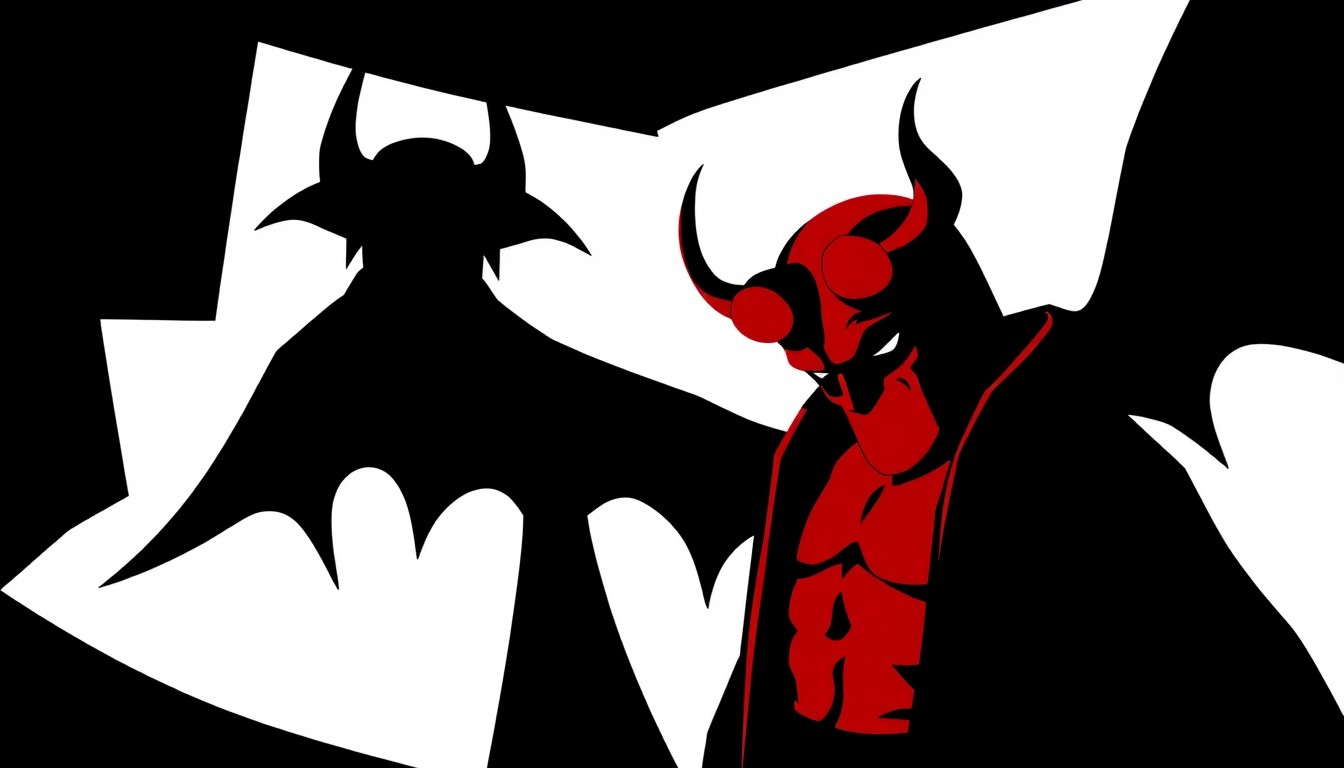 An abstract, minimalist illustration featuring a bold, jagged black silhouette of the Hellboy character set against a high-contrast background of deep red and white geometric shapes, conveying the film's supernatural fantasy elements.