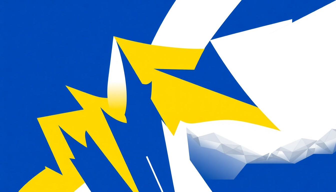An abstract, minimalist illustration featuring bold, jagged shapes in deep blue, bright yellow, and stark white, conceptually representing the technical and emotional power of classical cello performance.