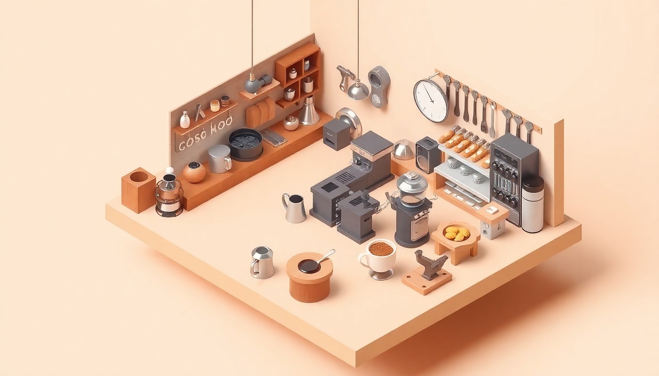 A miniature, stylized 3D illustration of a coffee shop and hardware showroom with a working forge, featuring polished metal hardware pieces, coffee cups, and baked goods in a vibrant, editorial composition.