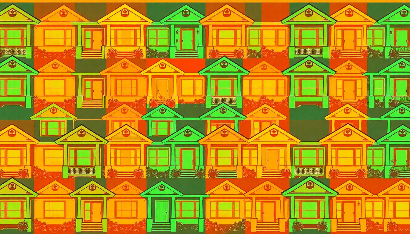 A highly stylized, abstract silkscreen print featuring a repeating grid of a Craftsman-style home exterior in bold, neon-bright colors, conceptually representing the historic charm and modern appeal of this Fort Worth neighborhood.