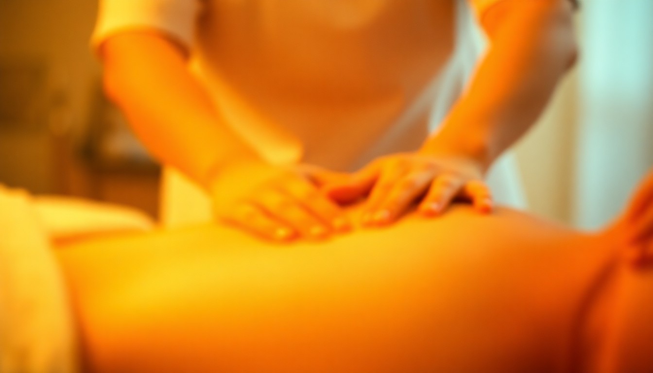 An abstract, out-of-focus image in warm tones depicting the blurred hands of a massage therapist working on a patient's shoulders, conveying a sense of relaxation and care.