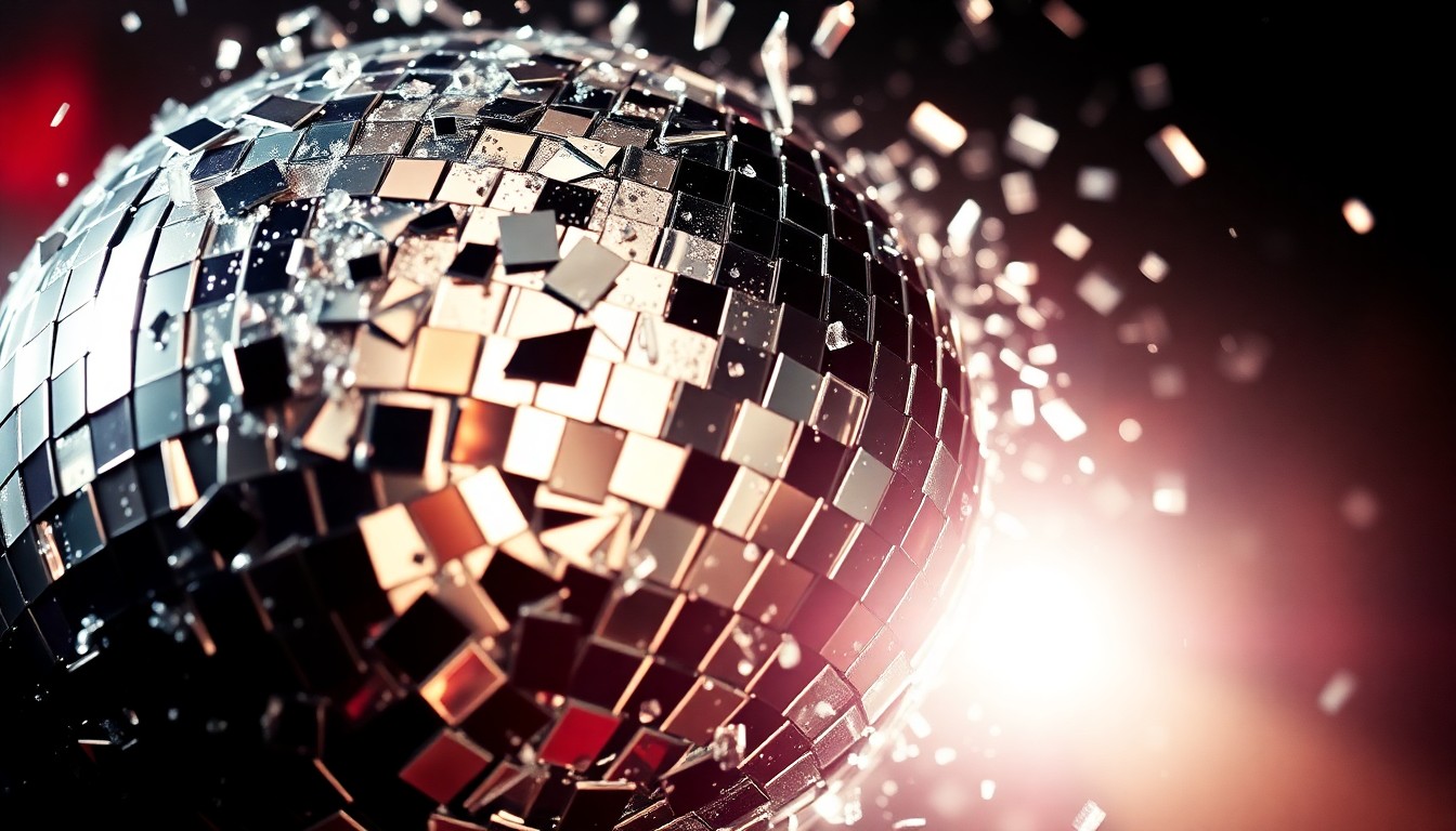 An abstract close-up image of shattered glass reflecting dramatic studio lighting, conceptually representing the turbulent 1990s alternative rock scene that Melissa Auf der Maur experienced as a musician.