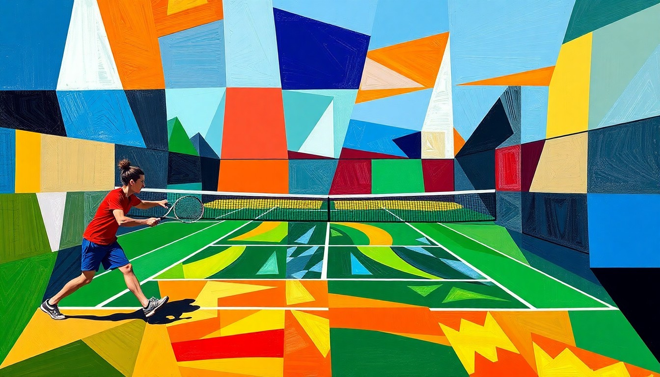 A fractured, multi-perspective painting in a cubist style, breaking down a high school tennis match into sharp, overlapping geometric forms in the official team colors.