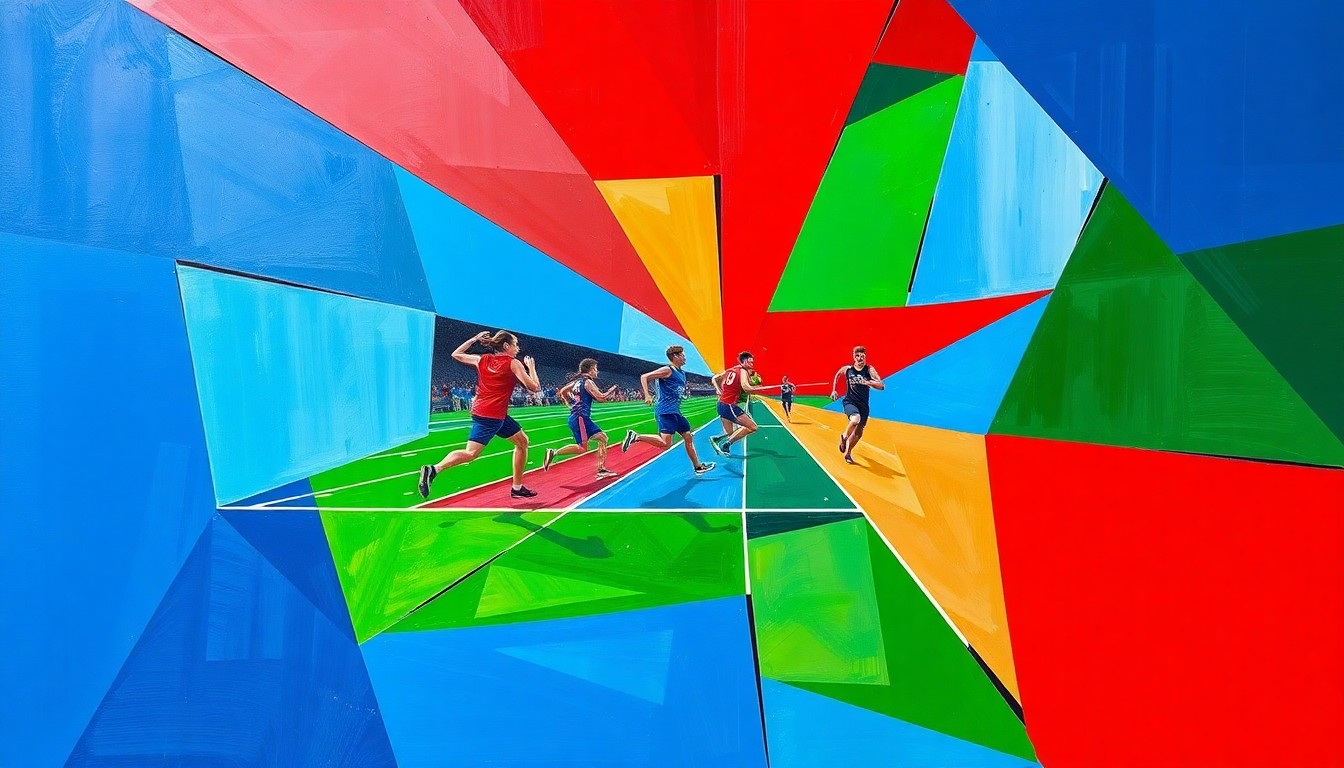 A cubist-style painting featuring sharp, overlapping geometric shapes in red, blue, and green, conceptually representing the dynamic action and competition of a high school track and field event.