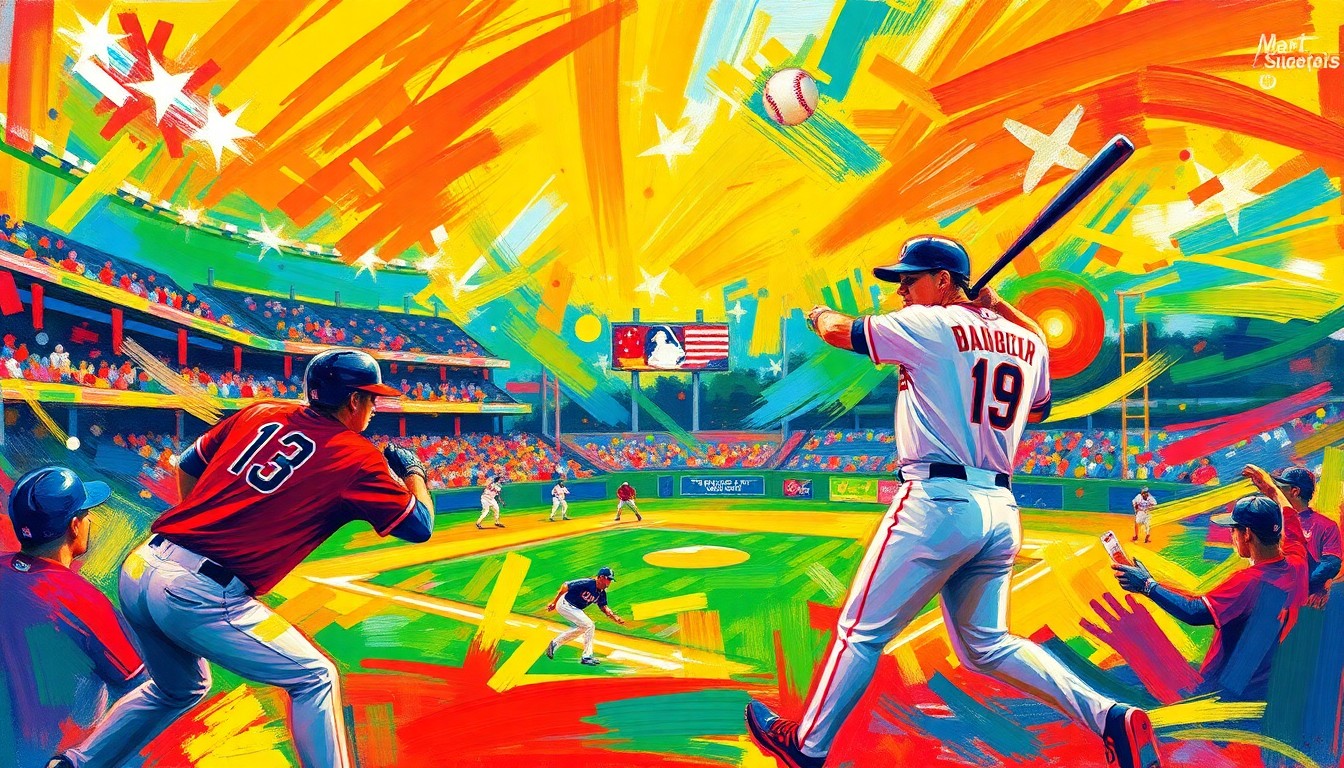 An abstract, expressionist painting in vibrant neon colors, with rapid brushstrokes capturing the dynamic energy and movement of a baseball game.