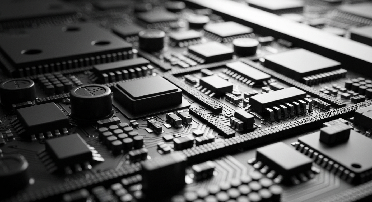 A high-contrast, black-and-white close-up image of the intricate gears, circuits, and components that make up the internal mechanics of a semiconductor chip, conveying the technical complexity and industrial nature of the semiconductor industry.