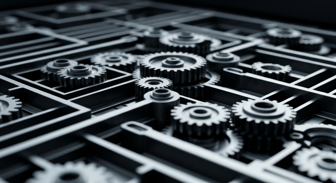 A highly detailed, black-and-white close-up image of the inner workings of a complex financial trading machine, with gears, circuits, and other mechanical components filling the frame to convey the technical sophistication of modern finance.