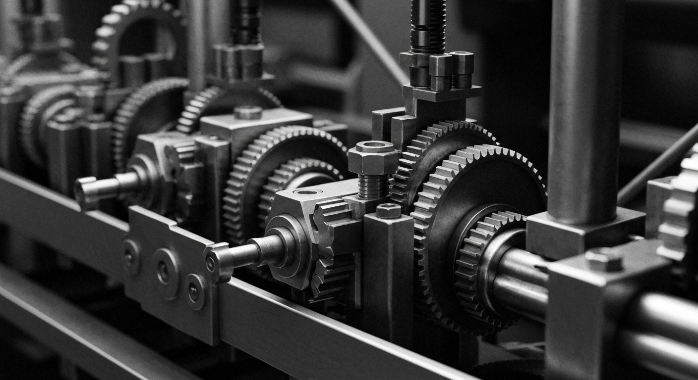 A high-contrast, close-up image of the complex machinery and mechanisms involved in the production of athletic shoes, representing the industrial scale and technical sophistication of Nike's manufacturing operations.