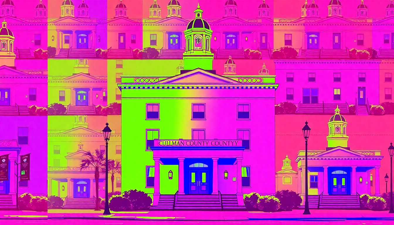 A high-contrast silkscreen print in neon colors depicting a repeated image of a historic Cullman building, conceptually representing the town's thriving arts and heritage.