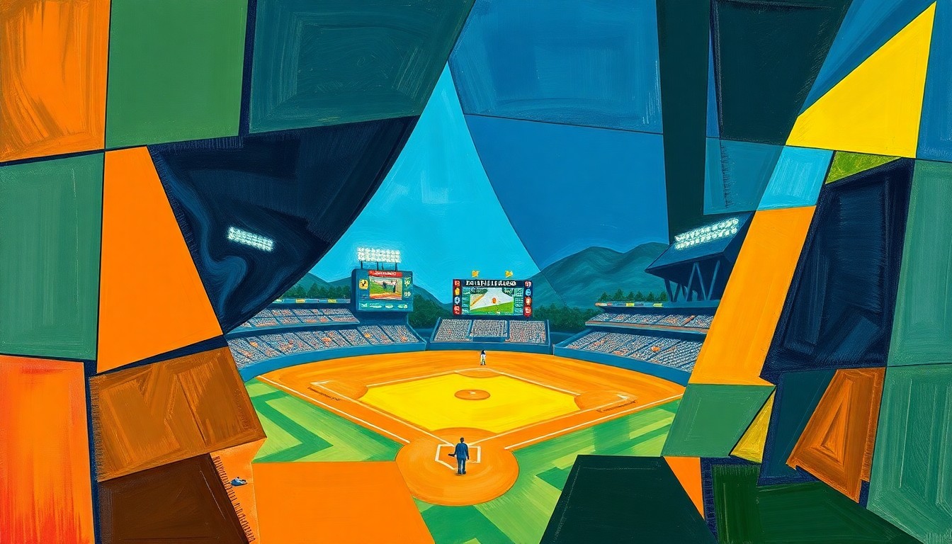 A fragmented, geometric painting depicting the chaotic final plays of a baseball game, with overlapping shapes and planes in shades of blue, green, and orange.