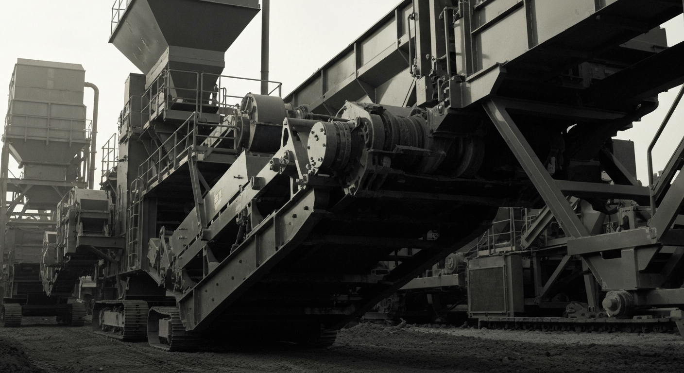 A close-up image of heavy industrial machinery and equipment used in construction and mining, with a powerful, mechanical aesthetic reflecting the tangible, physical nature of Astec Industries' business.