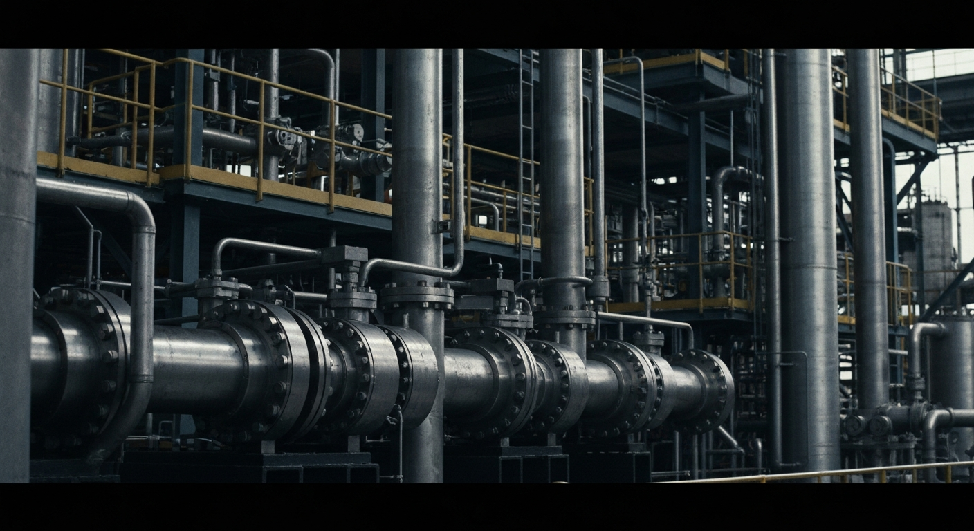 An extreme close-up of the gears, pipes, and other heavy industrial components that make up the inner workings of a chemical manufacturing facility, conveying the scale and complexity of the operations that underpin AdvanSix's business.