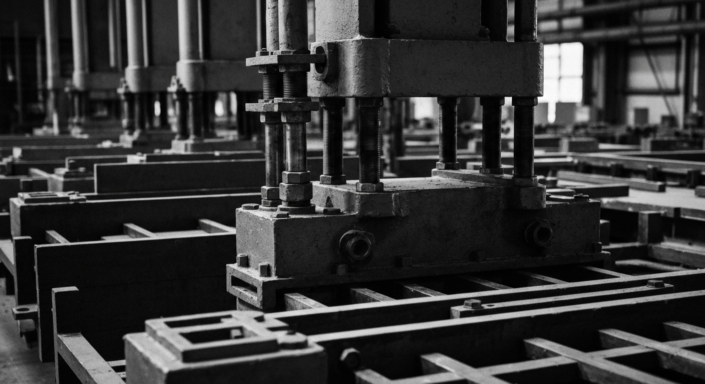 A high-contrast, black and white close-up photograph of industrial machinery and equipment used in cabinet production, conveying the heavy, physical nature of the manufacturing process.