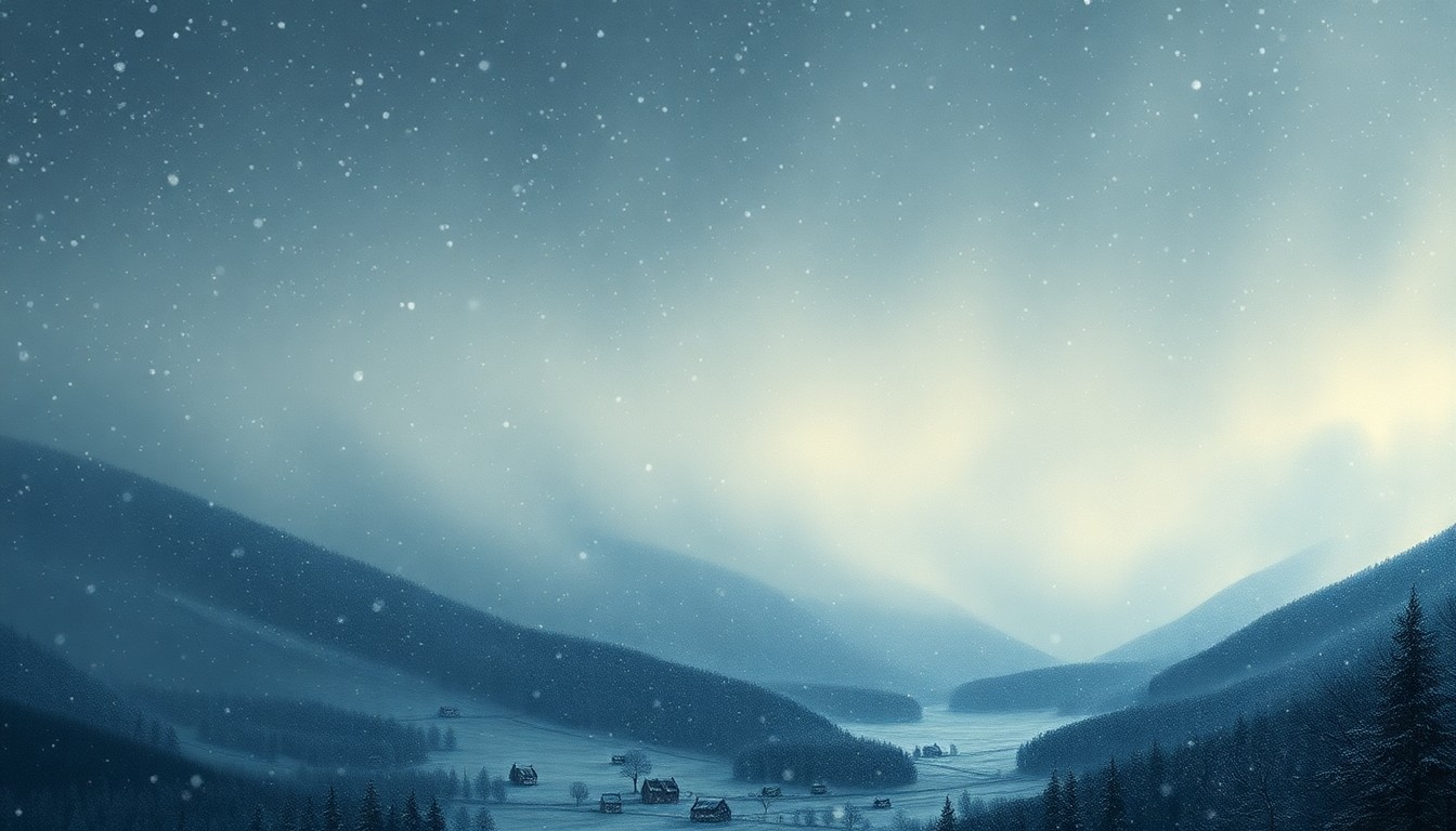 A vast, atmospheric landscape painting in muted tones of gray, white, and blue, depicting a heavy snowstorm sweeping across a vast, open expanse, with the swirling flakes and ominous clouds dwarfing any visible structures or objects.